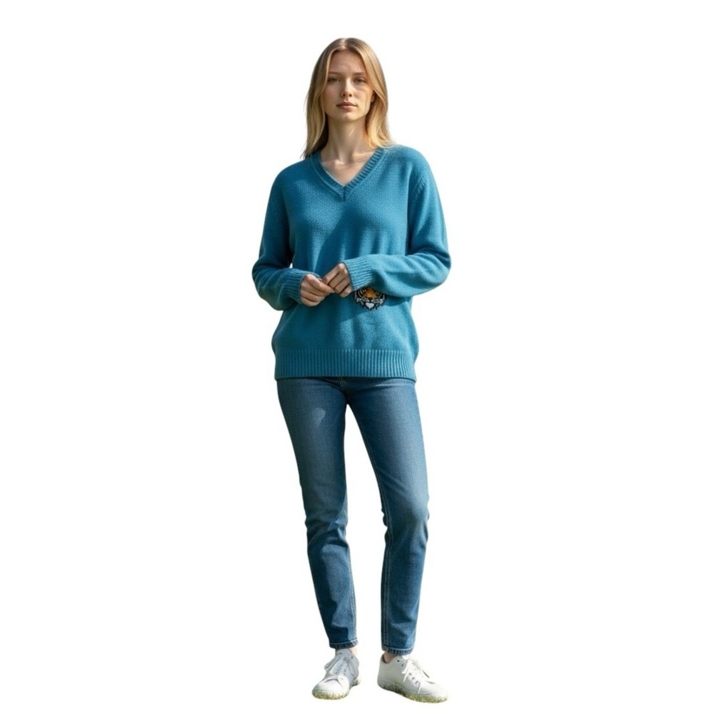 Valentino Jeans Vintage Virgin Wool V Neck Sweater Blue Tiger Patch Women's XL